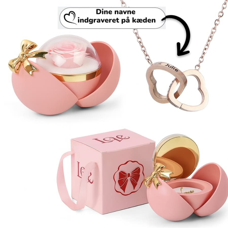 Evig rose - dobbelt hjertehalskæde med personlig indgravering